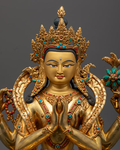 Handcrafted Chenrezig Statue | 24K Gold-Copper