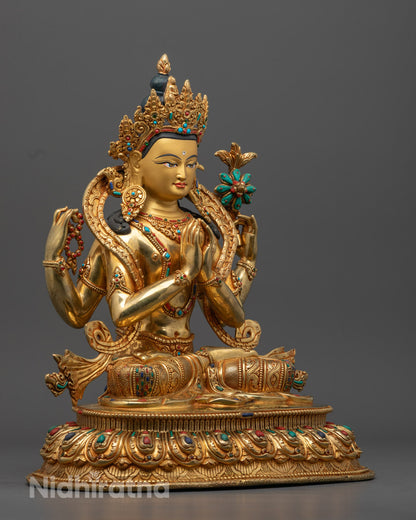 Handcrafted Chenrezig Statue | 24K Gold-Copper
