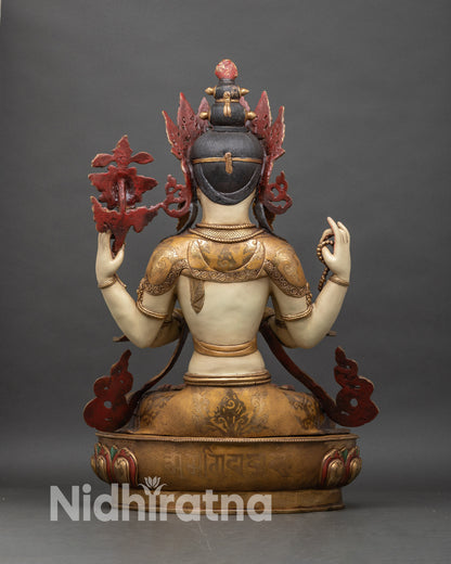 Chenrezig Statue back view, multi-colored lotus pedestal with copper and gold craftsmanship