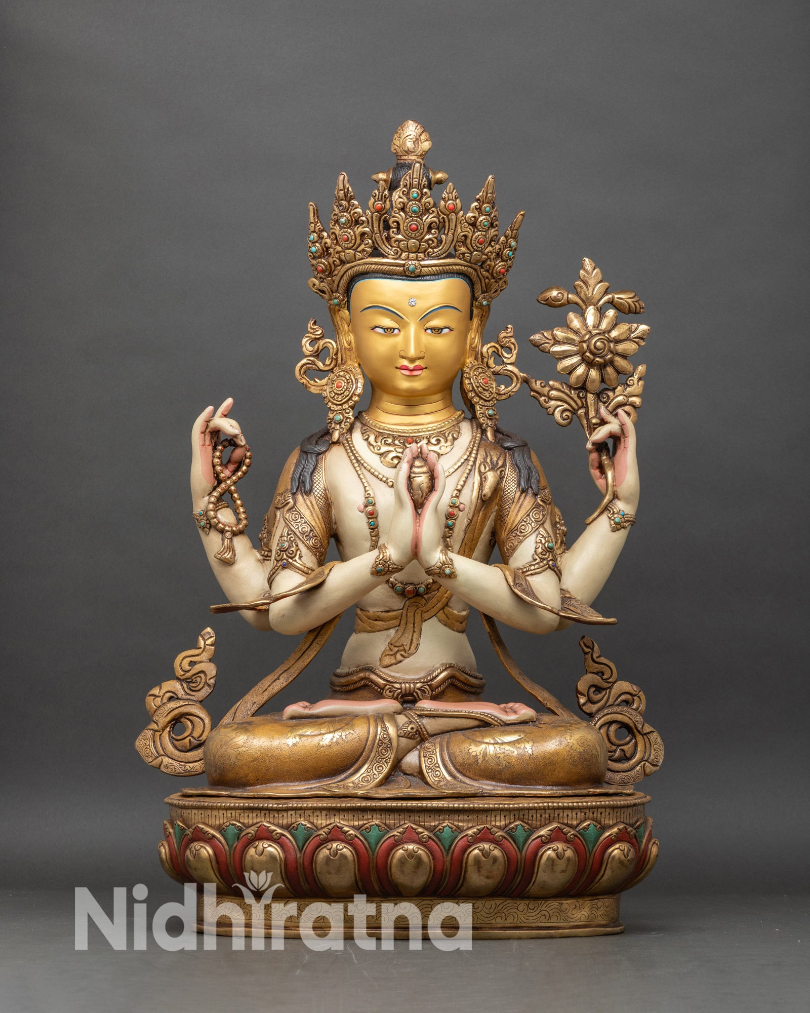 Chenrezig Statue front view, handcrafted Nepalese copper and gold Bodhisattva art