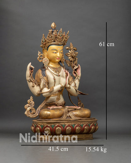 Chenrezig Statue right profile, Himalayan Bodhisattva seated on colorful lotus pedestal