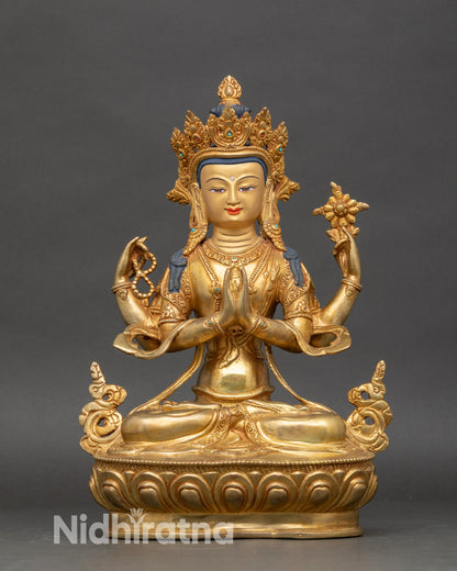 Chenrezig statue Avalokiteshvara four-arm Bodhisattva on lotus throne handcrafted in Nepal