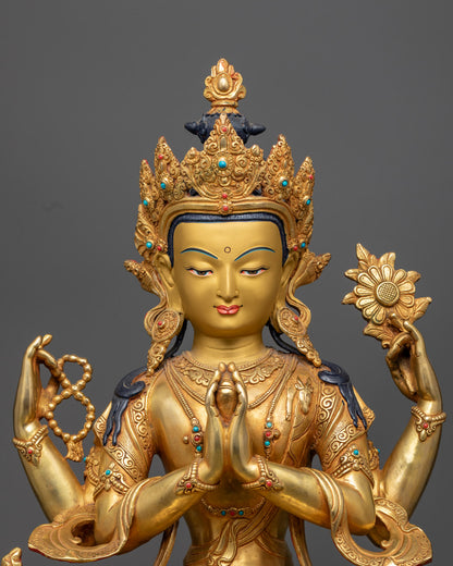 Chenrezig statue’s detailed gold fire-gilding on copper alloy base with semi-precious stone adornments