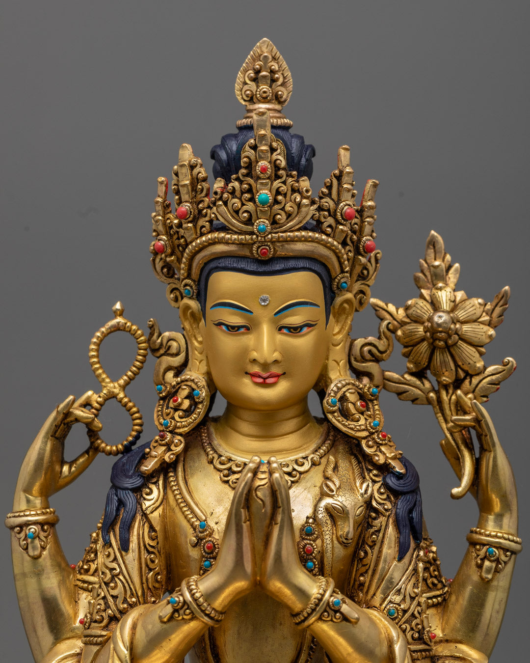 12.4-inch Chenrezig sculpture, sacred Tibetan art with 24K gold finish, symbol of compassion and enlightenment.
