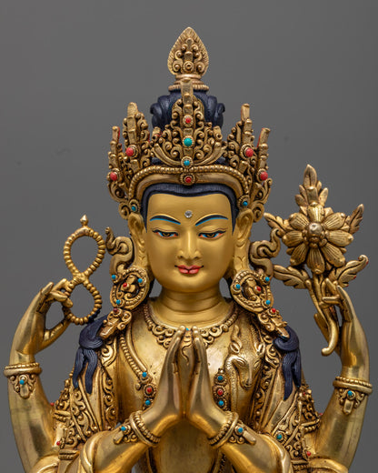 12.4-inch Chenrezig sculpture, sacred Tibetan art with 24K gold finish, symbol of compassion and enlightenment.
