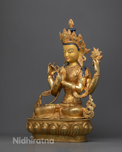 Chenrezig statue featuring uptala flower in upper right hand symbolizing compassion and spiritual awakening