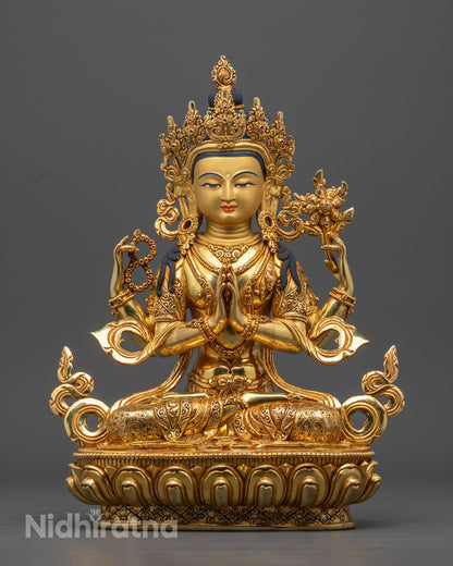 Tibetan Chenrezig Statue | Lost Wax Method 24K Gold Avalokiteshvara