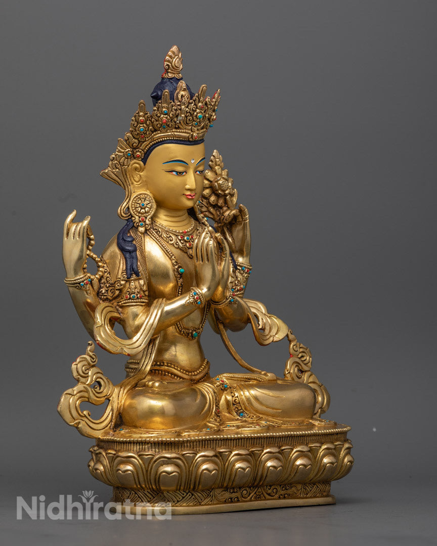 Chenrezig Avalokiteshvara Statue – Hand-Carved Buddhist Art with Semi-Precious Stones