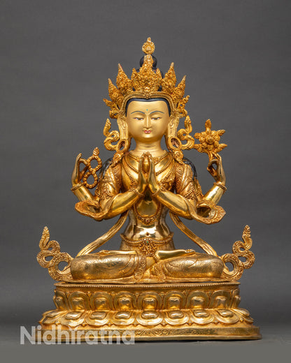 Chenrezig Avalokiteshvara statue, four-armed Bodhisattva of compassion, 24k gold gilded Himalayan Buddhist art from Nepal