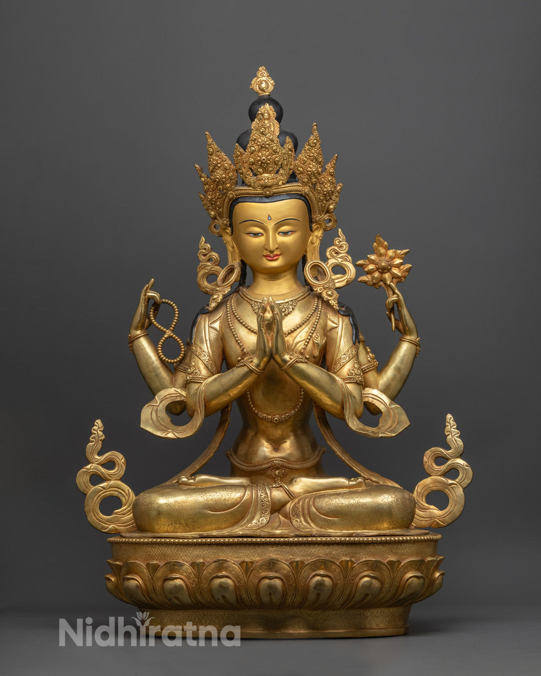 Chenrezig Avalokiteshvara statue handcrafted with lost wax method and gold-gilded face
