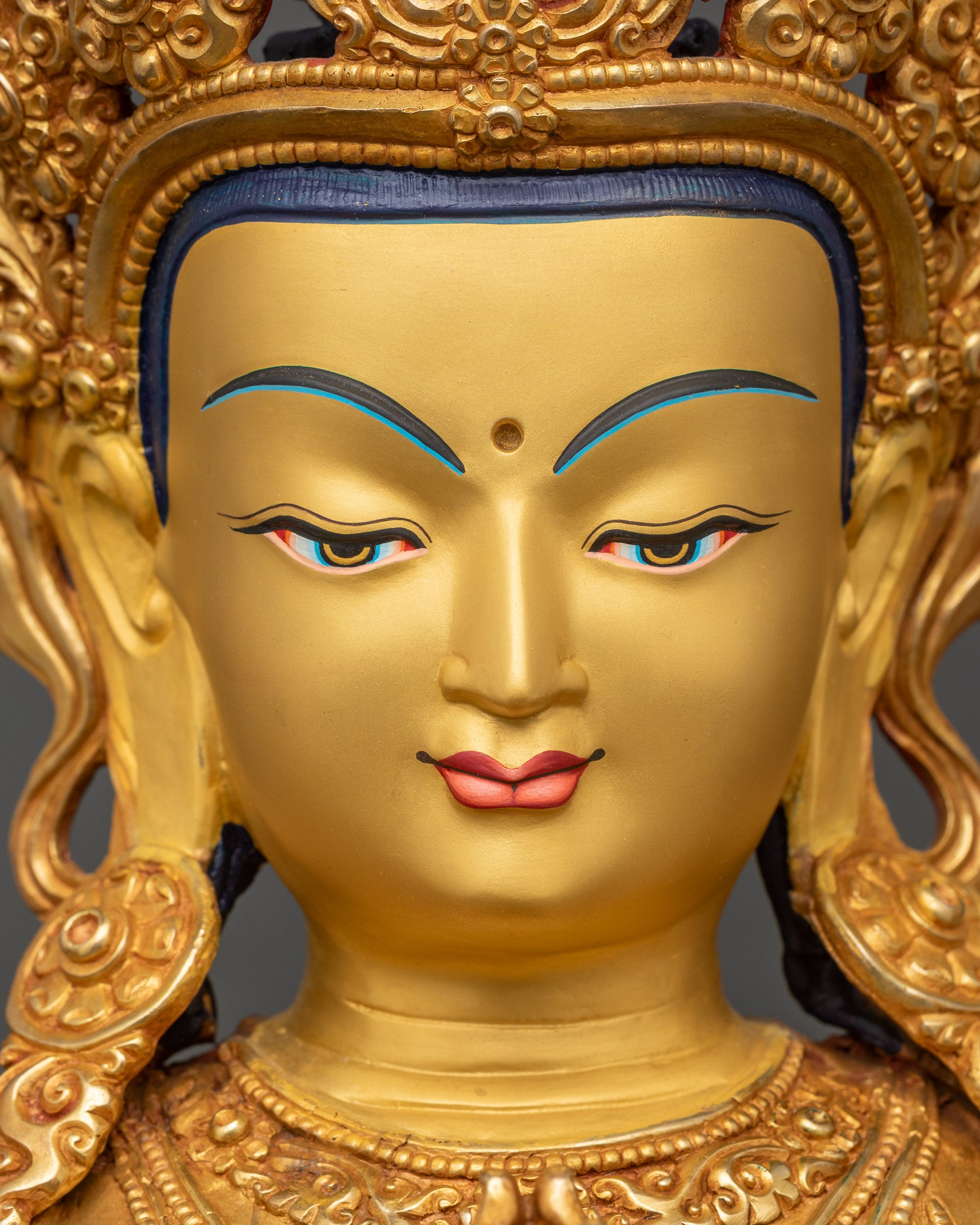 Chenrezig Bodhisattva face close-up, intricate crown and compassionate expression