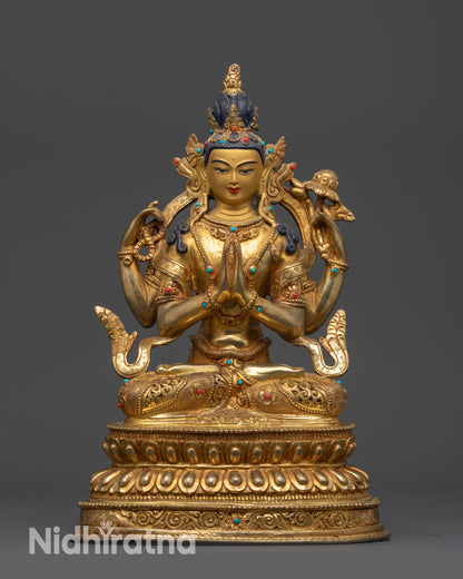 Chenrezig Bodhisattva statue with gold-gilded copper body and serene 24K gold painted face