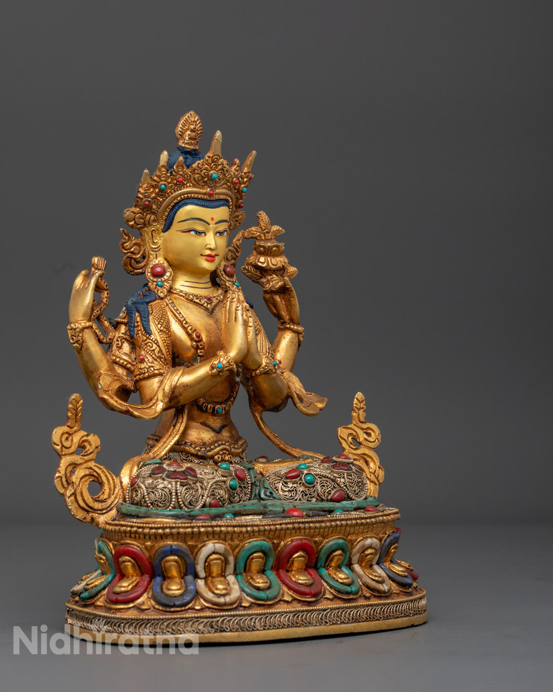 Chenrezig Buddha Holding a Wish-Fulfilling Gem, Crystal Rosary in Left Hand, and Utpala Flower in the Fourth Left Hand