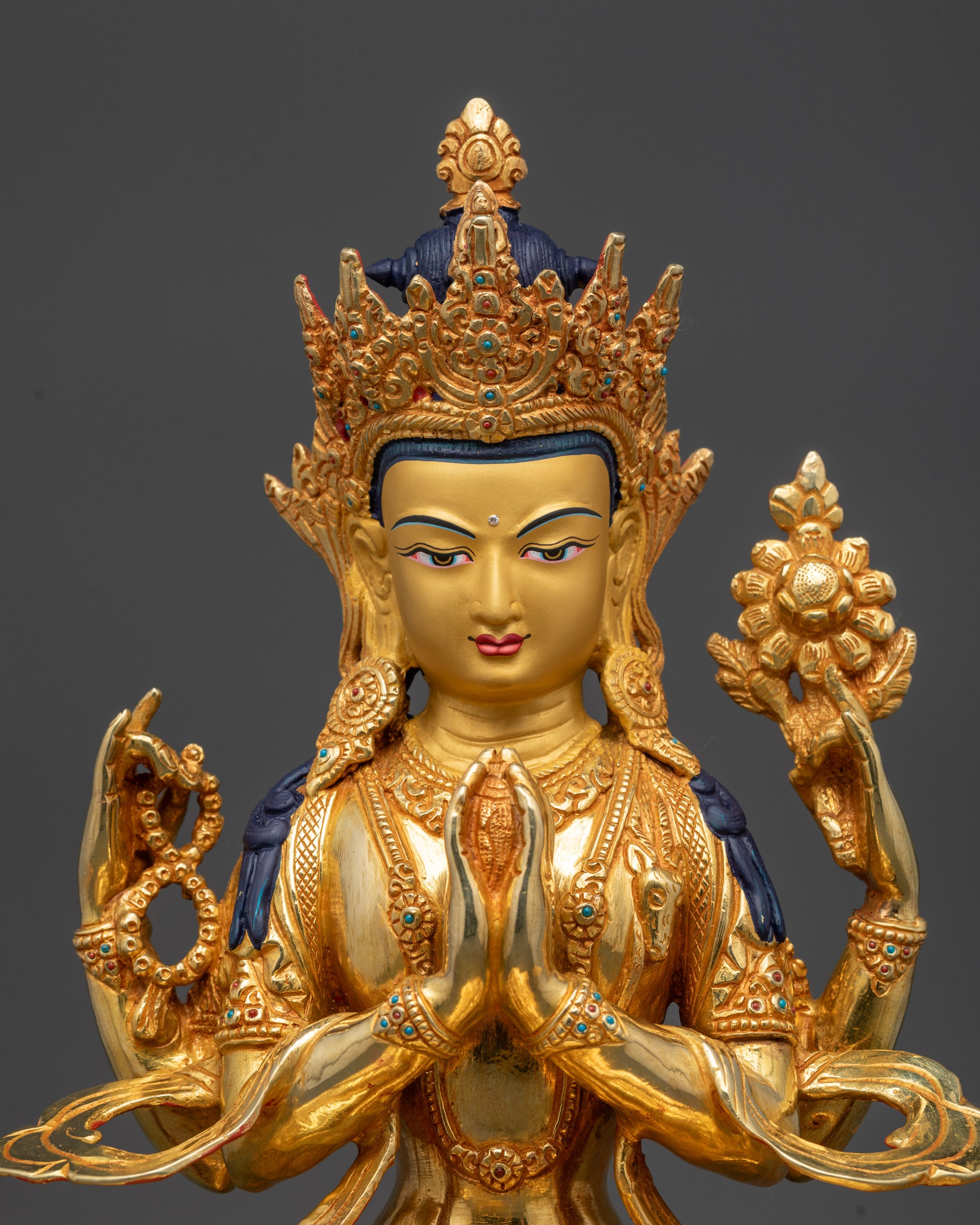 Chenrezig Buddha Idol Close Up Showing Gold-Gilded Copper and Stone Details