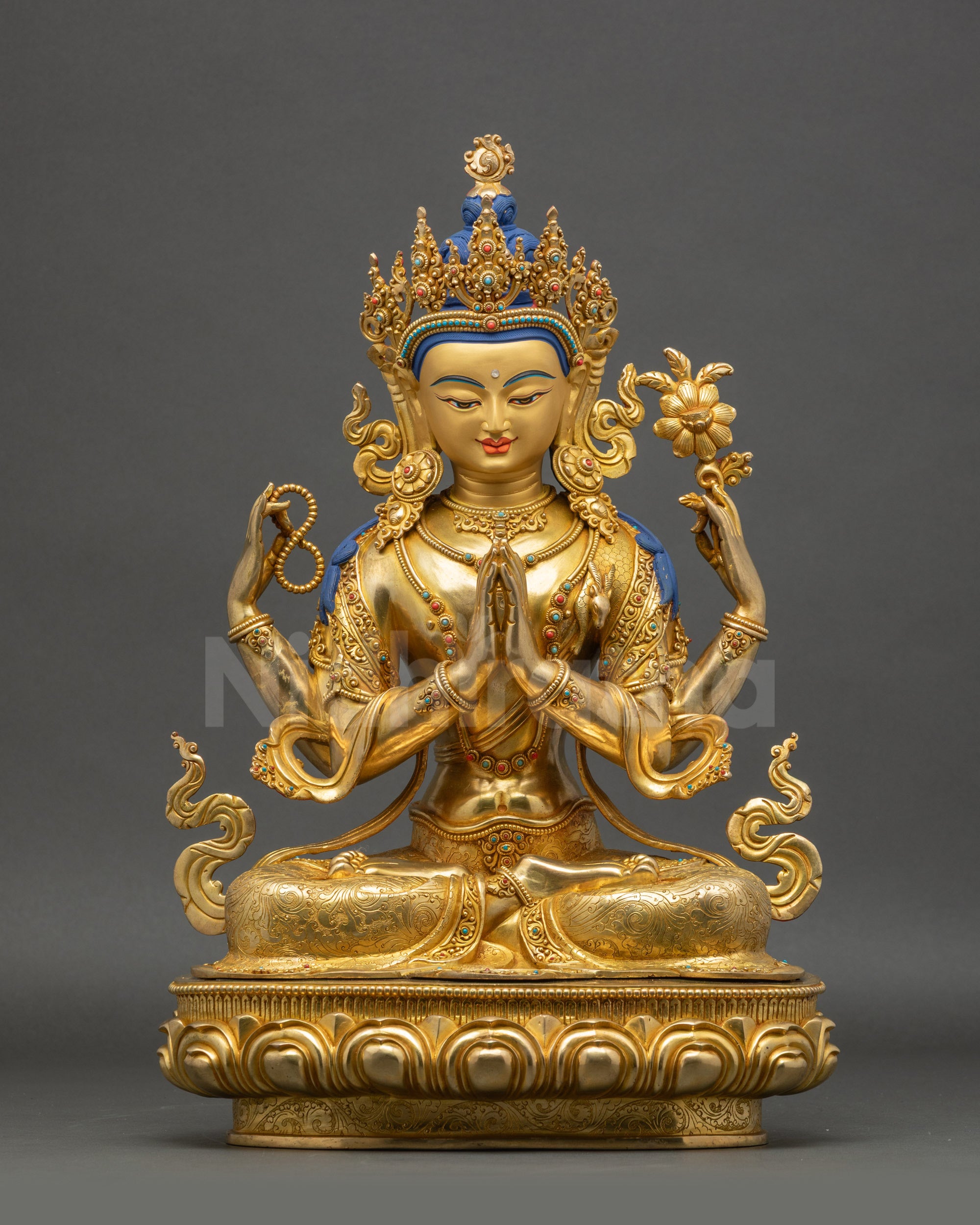 Chenrezig Decor Statue front view gold-gilded copper Bodhisattva of Compassion