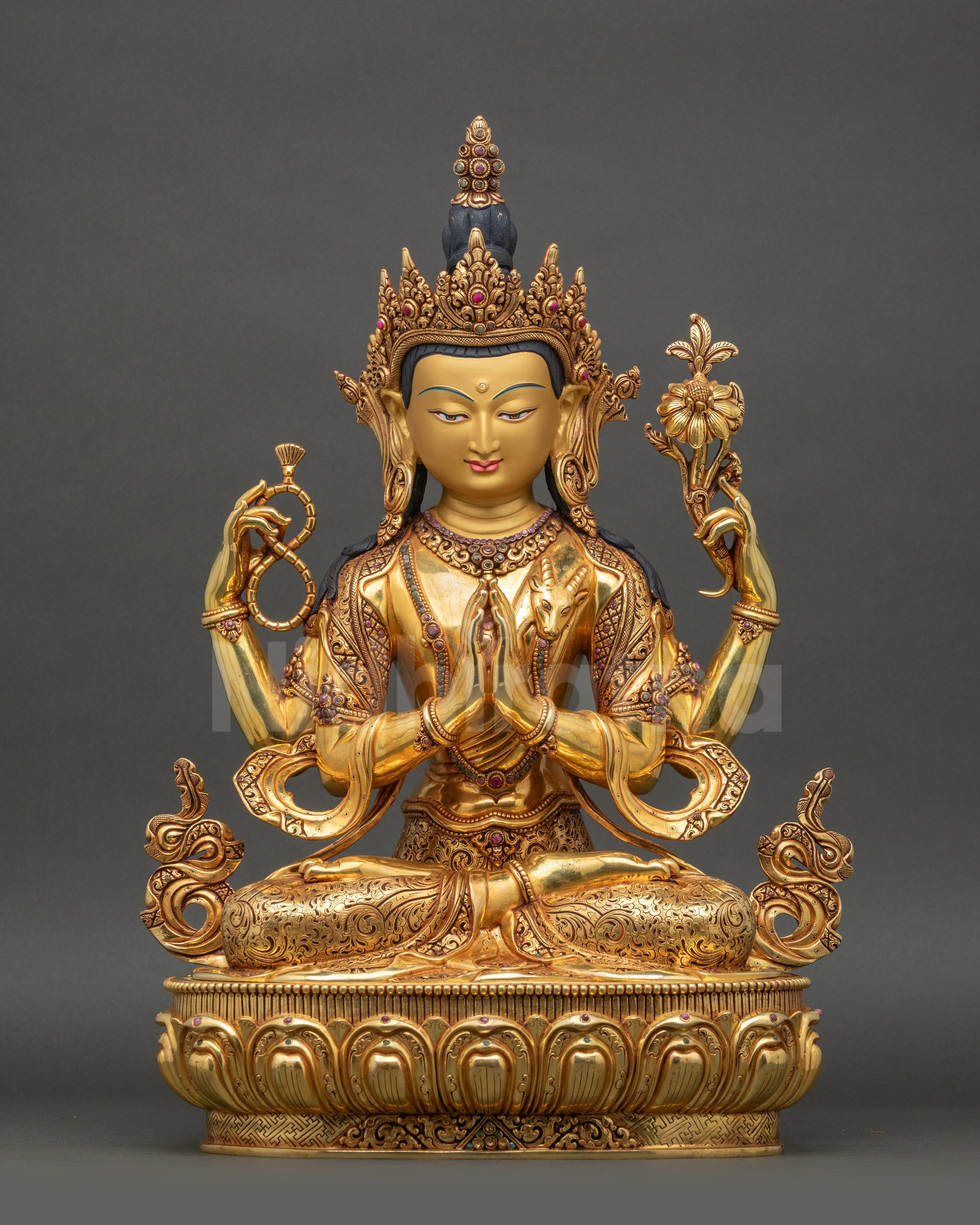 Chenrezig Premium Statue front view with gold-painted face and 3D carvings