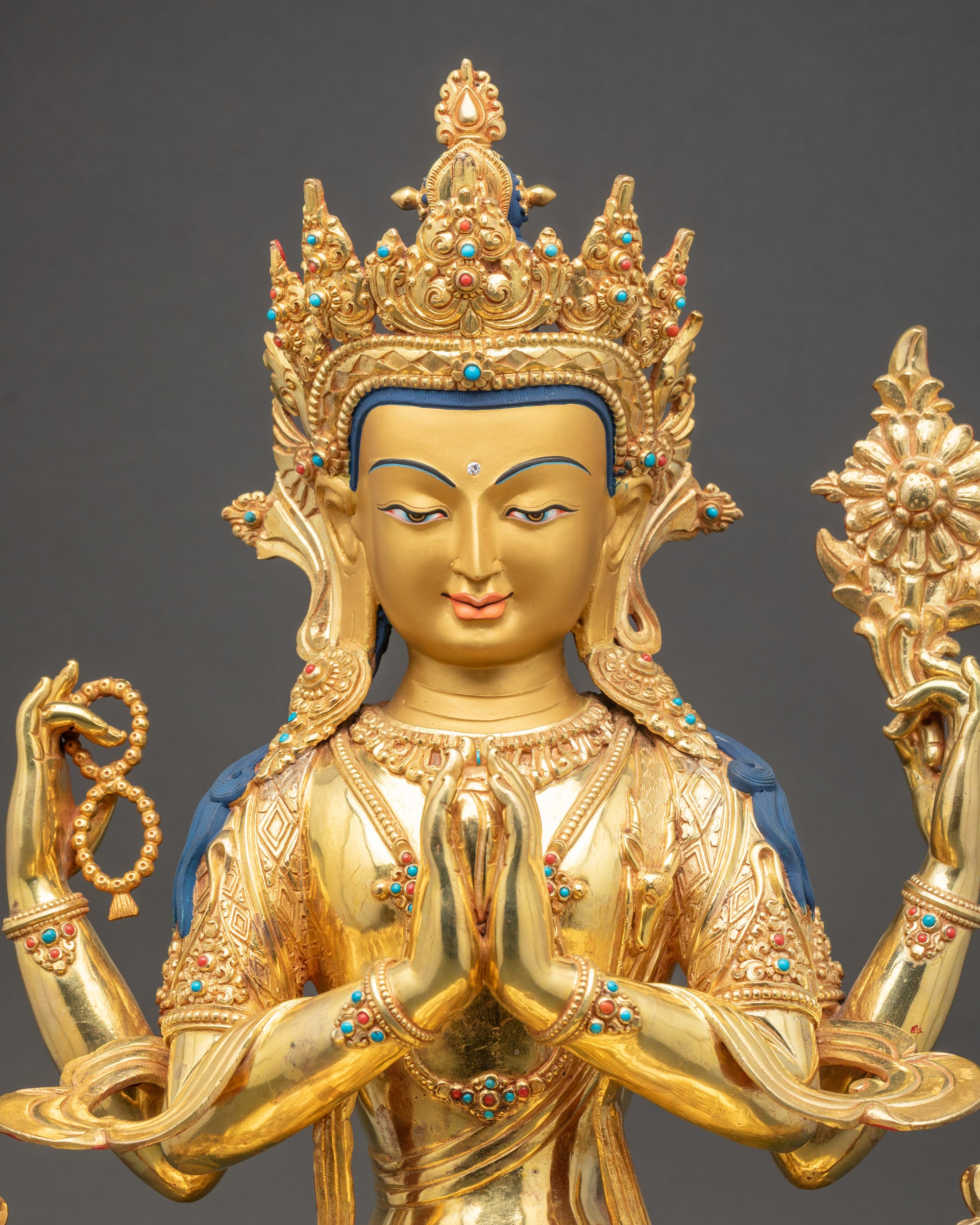 Chenrezig Statue Close Up Showing Gold-Gilded Copper and Intricate Robe