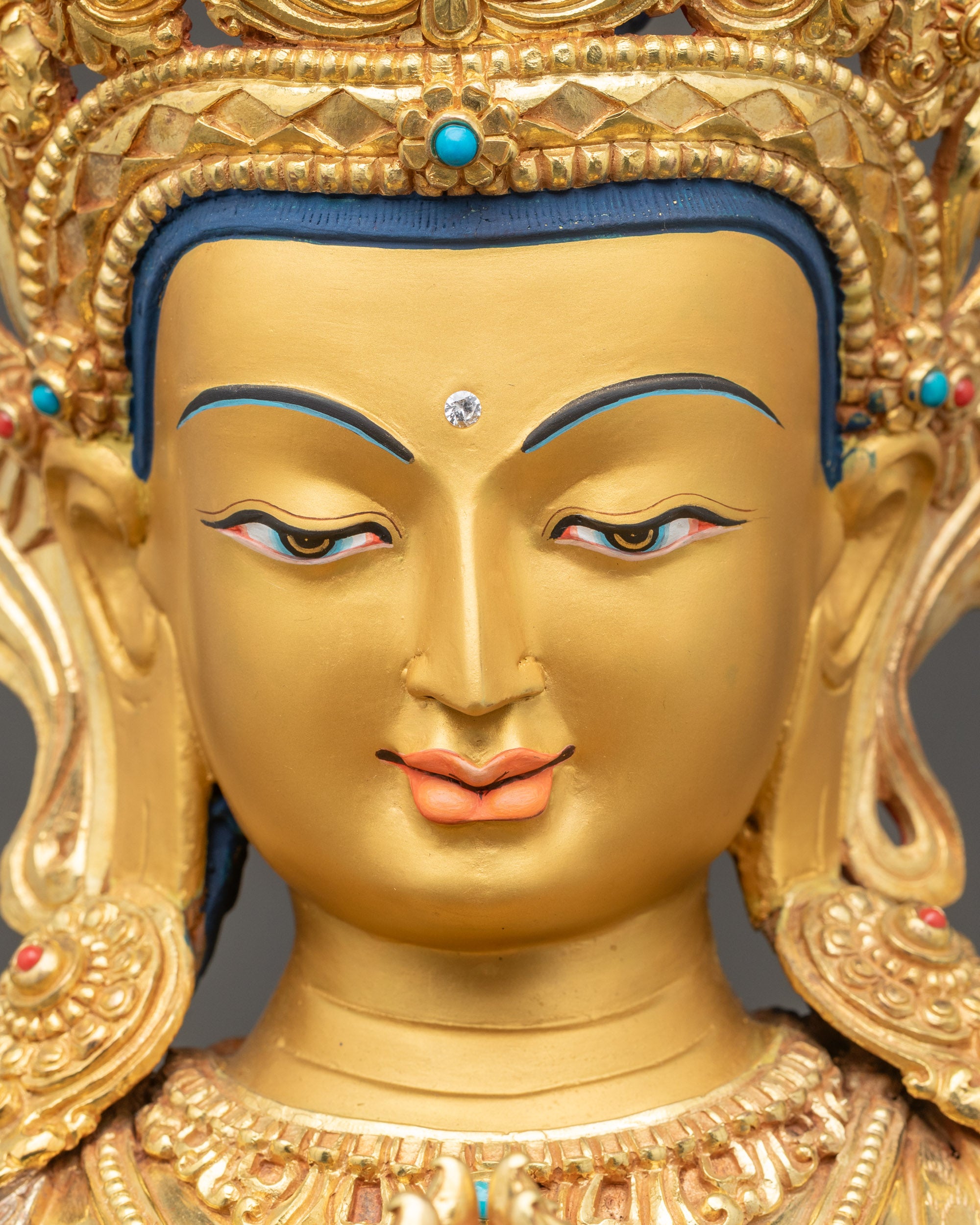 Chenrezig Statue Face Close Up with Semi-Precious Stone Crown
