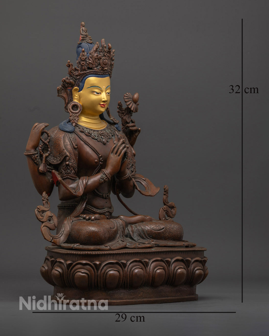 Chenrezig Statue – Hand-Carved Oxidized Copper with 24K Gold Face for Compassion &amp; Mindfulness