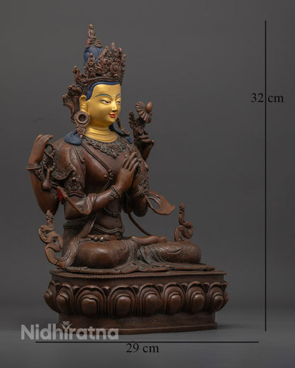 Chenrezig Statue – Hand-Carved Oxidized Copper with 24K Gold Face for Compassion &amp; Mindfulness