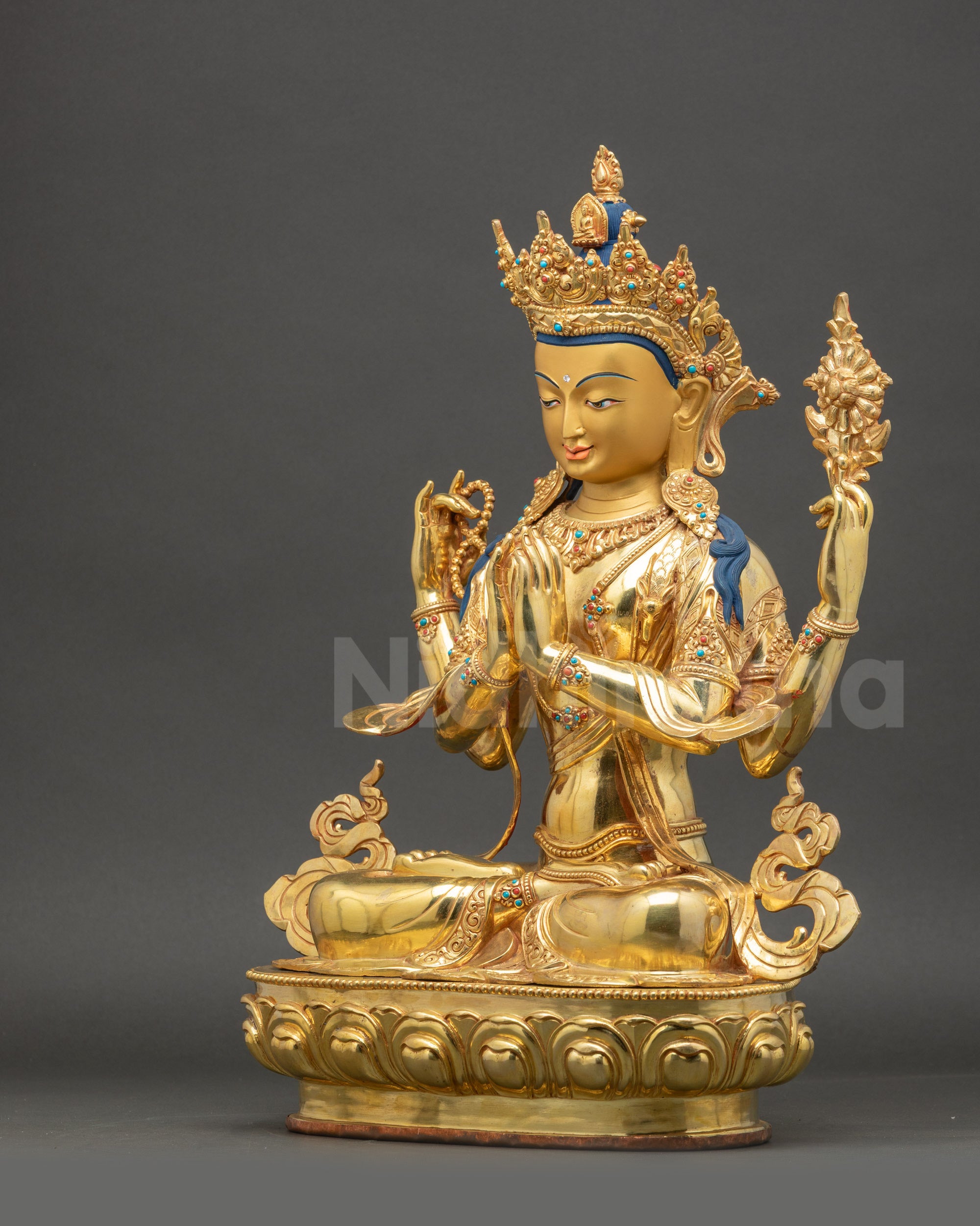 Chenrezig Statue Left Side View Lotus and Jewel Details Copper Artwork