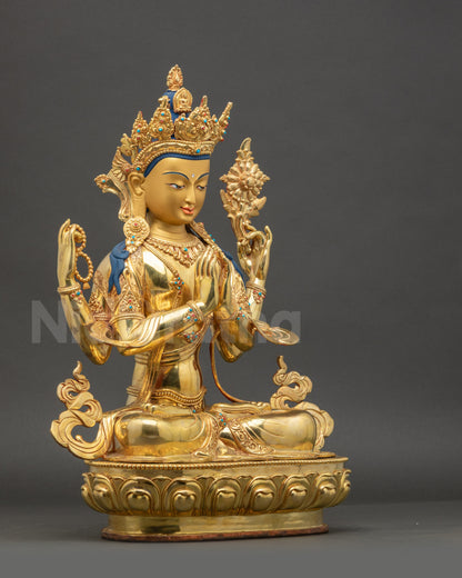 Chenrezig Statue Right Side View Showing Four Hands Holding Sacred Objects