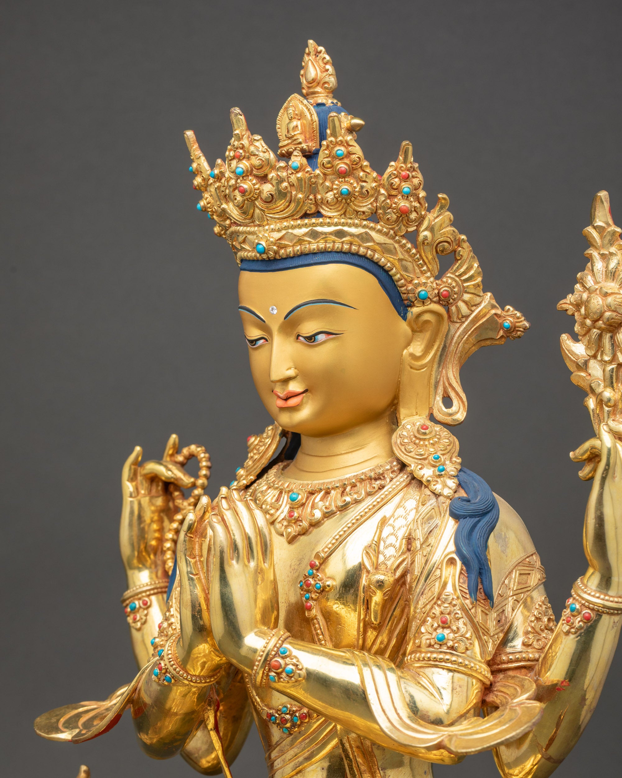 Chenrezig Statue Side Close Up Showing Jewelry and Armlets Details