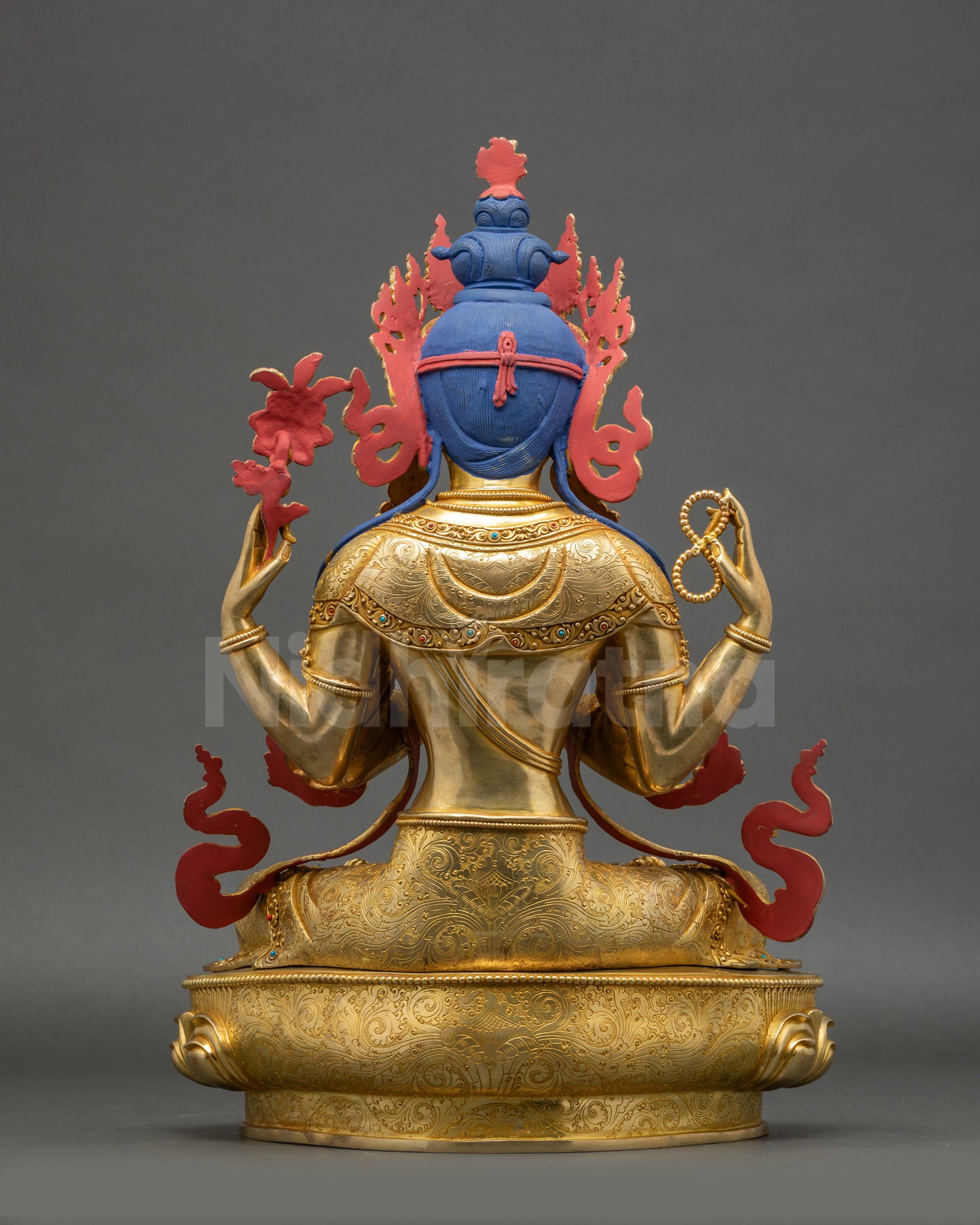 Chenrezig Statue back view lotus base detailed copper sculpture Nepalese art