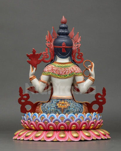 Chenrezig Statue back view with multi-layered lotus seat and painted robe details