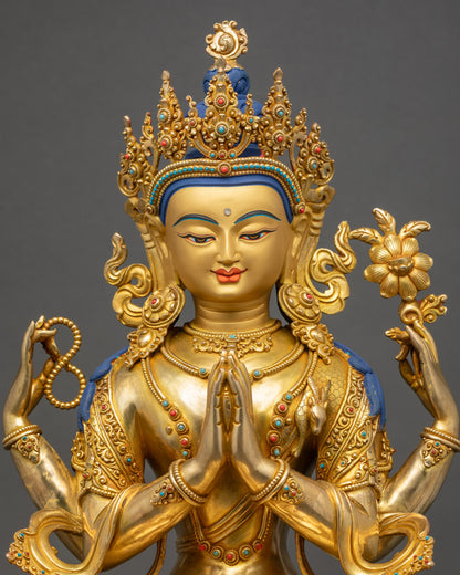 Chenrezig Statue close up gold-gilded face with 3D carvings Nepalese art