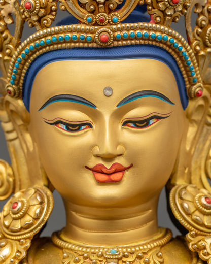 Chenrezig Statue detailed close up face triple gold fire-gilding 3D carvings