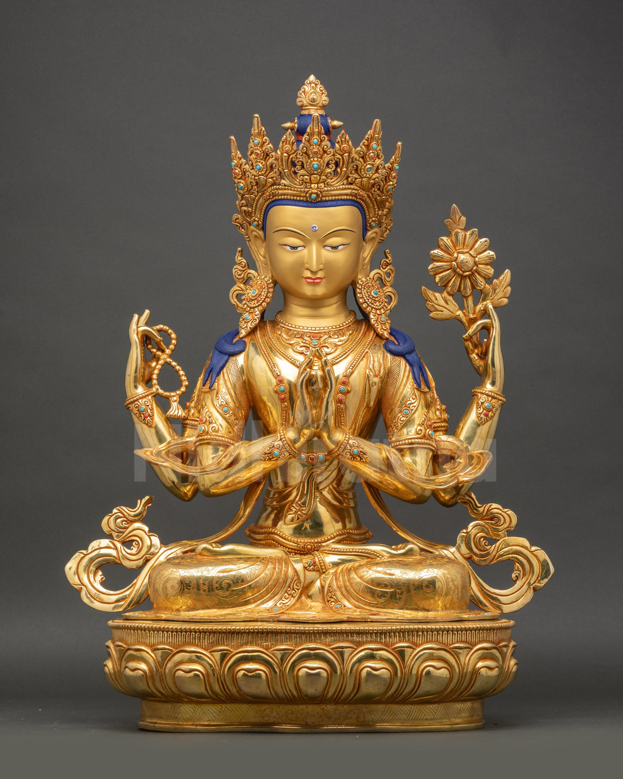 Chenrezig Statue, four-armed Avalokiteshvara, gold-gilded copper with semi-precious stones