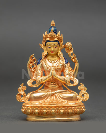 Chenrezig Statue front view gold fire-gilded face seated on lotus with four symbolic hands