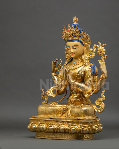 Chenrezig Statue left side view gold-gilded copper Buddhist figurine