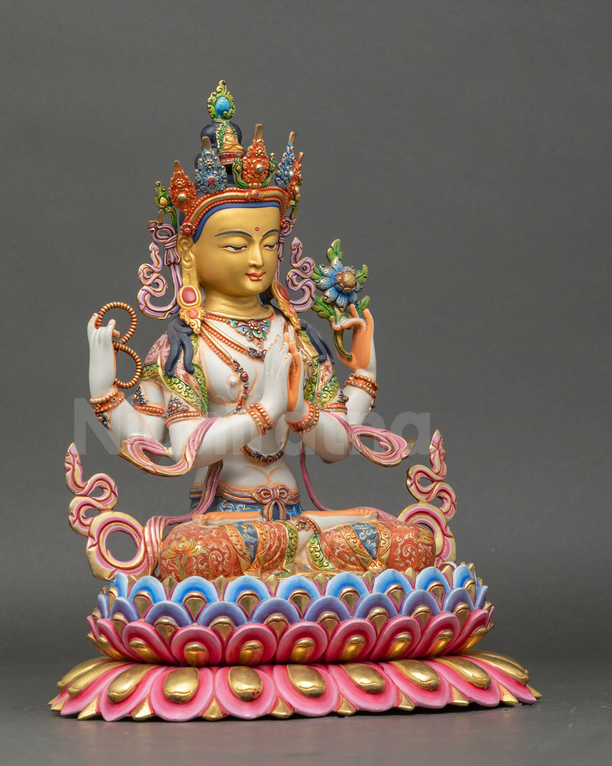 Chenrezig Statue right side view highlighting hand positions and lotus seat