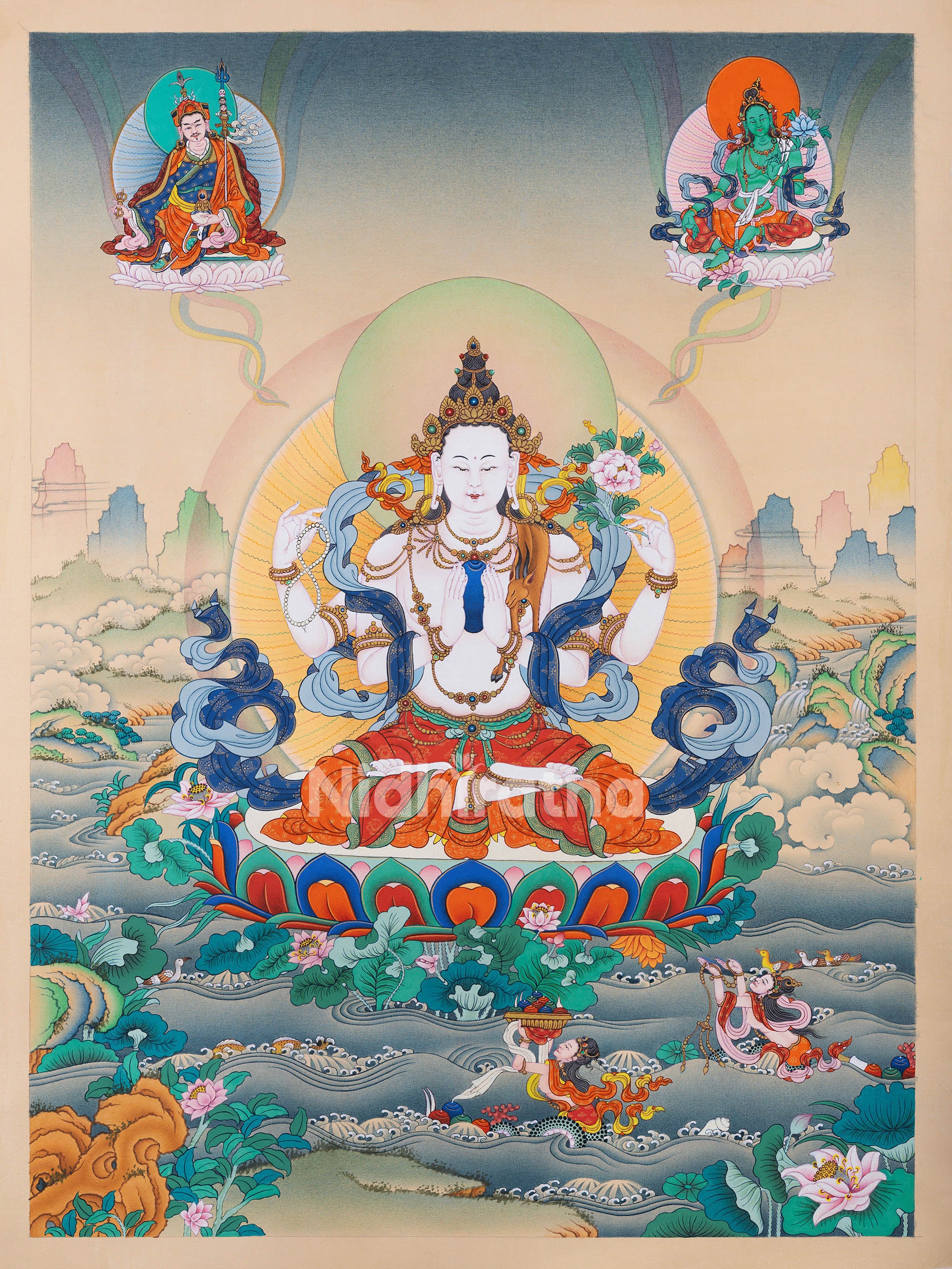 Chenrezig Thangka Print with Green Tara and Guru Rinpoche on serene lotus throne