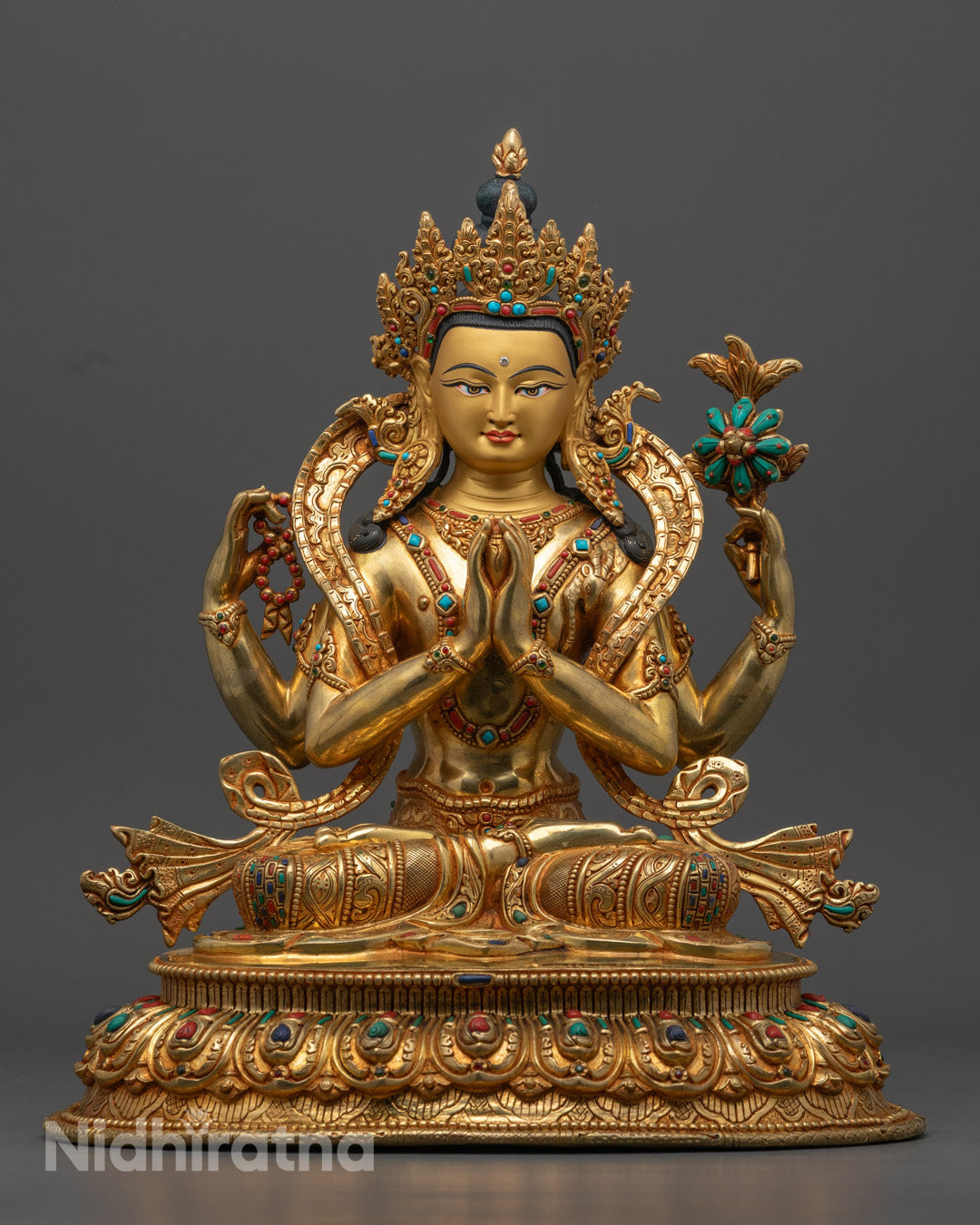 Handcrafted Chenrezig Statue | 24K Gold-Copper