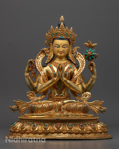 Handcrafted Chenrezig Statue | 24K Gold-Copper