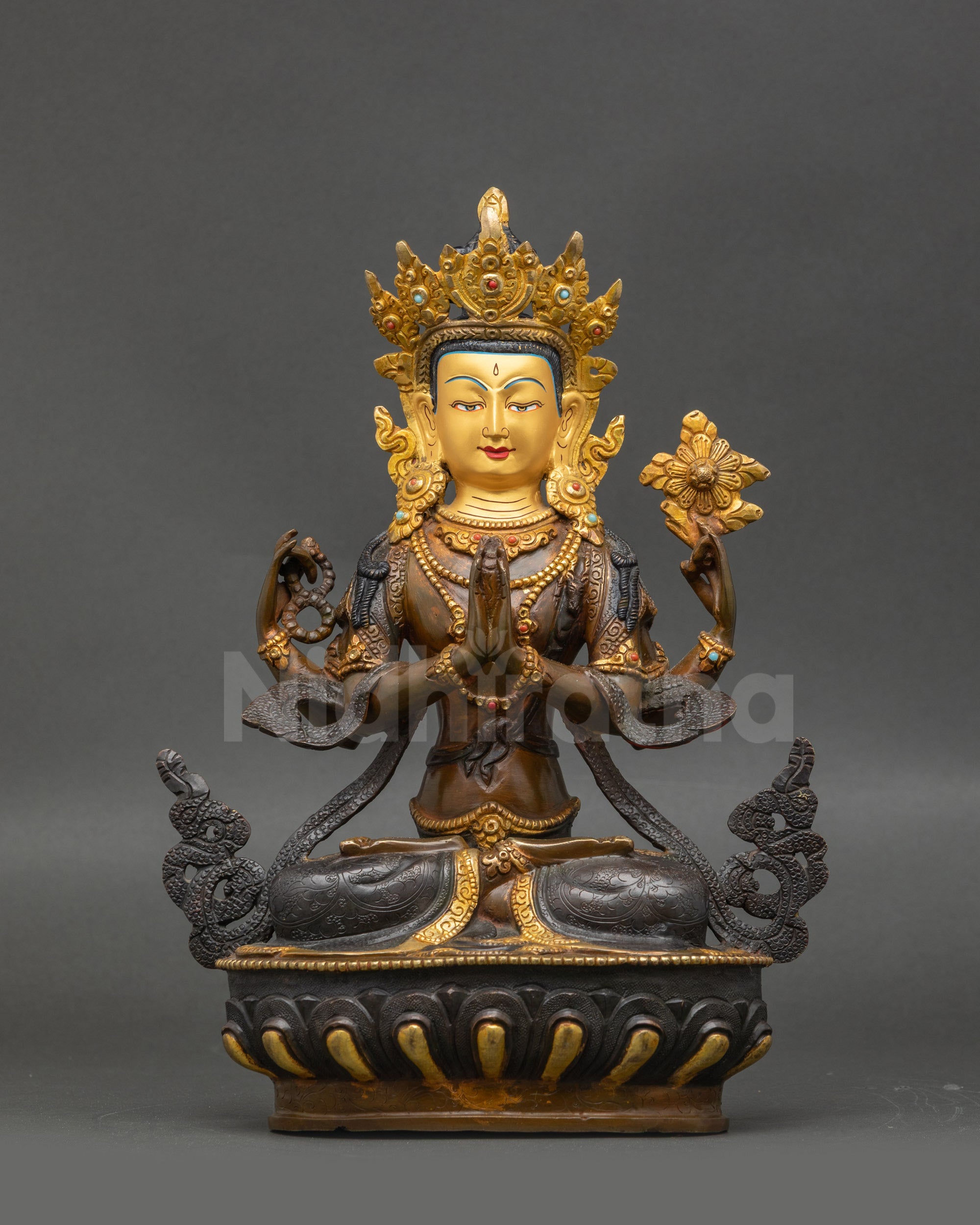 Chenrezig statue Nepalese handcrafted gold-gilded copper meditation Buddha