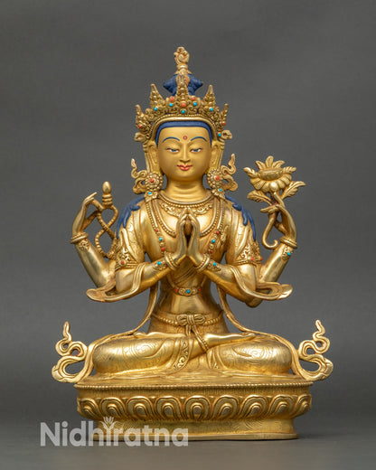 Chenrezig statue for home altar, handcrafted Nepalese 24K gold-gilded deity sculpture