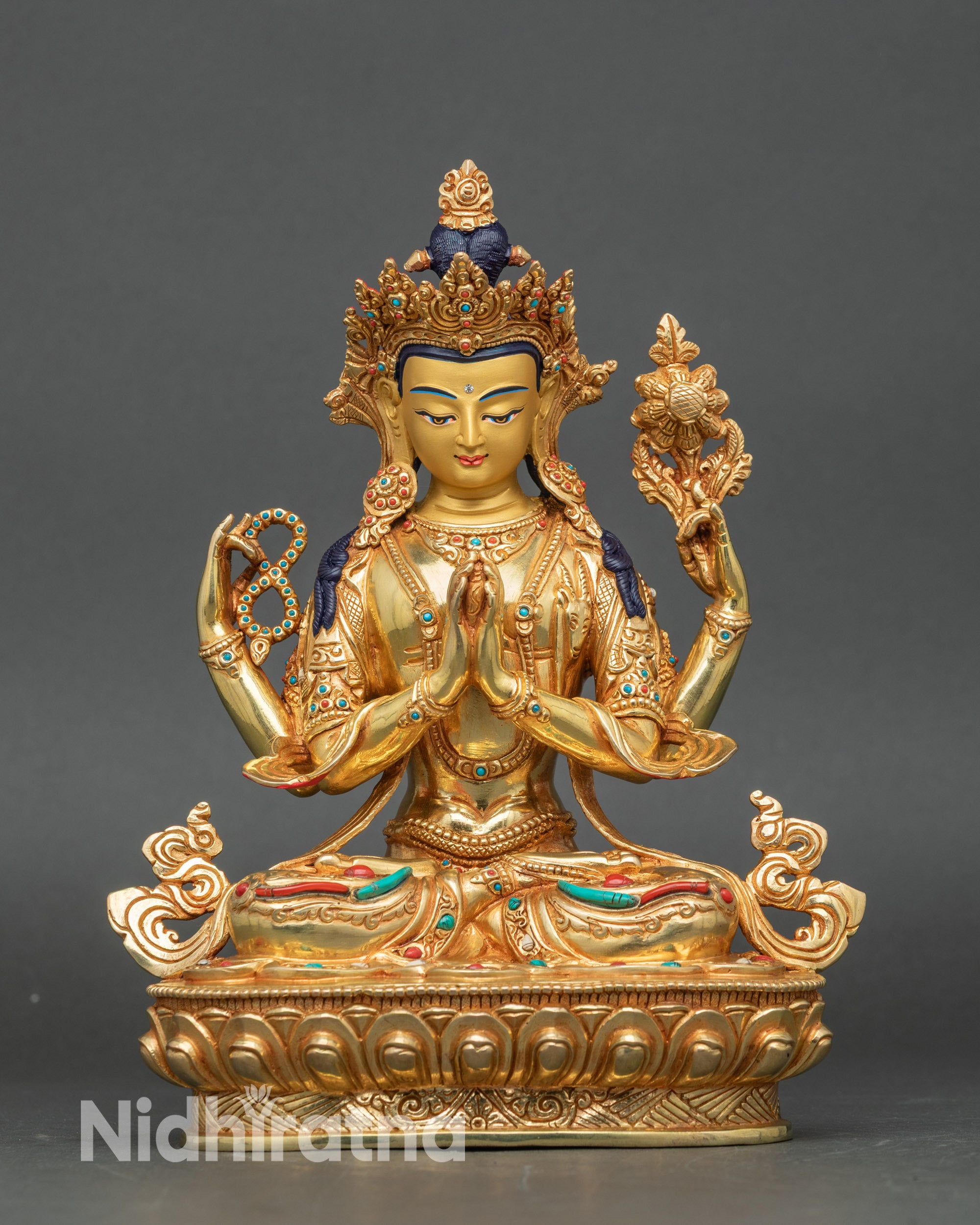 Chenrezig statue front view, four-armed Avalokiteshvara gold gilded copper on lotus seat
