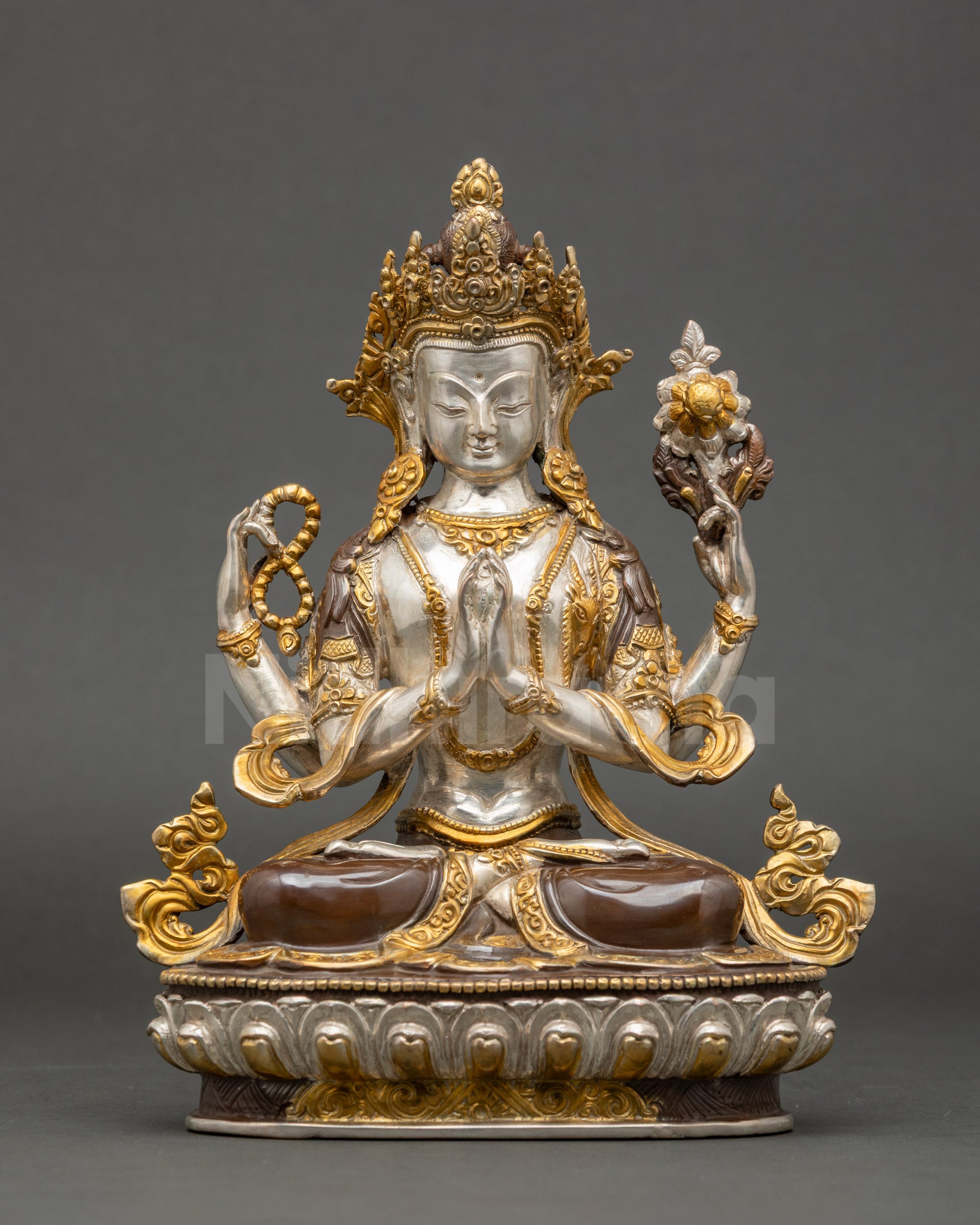 Chenrezig statue gold and silver plated copper handmade in Nepal