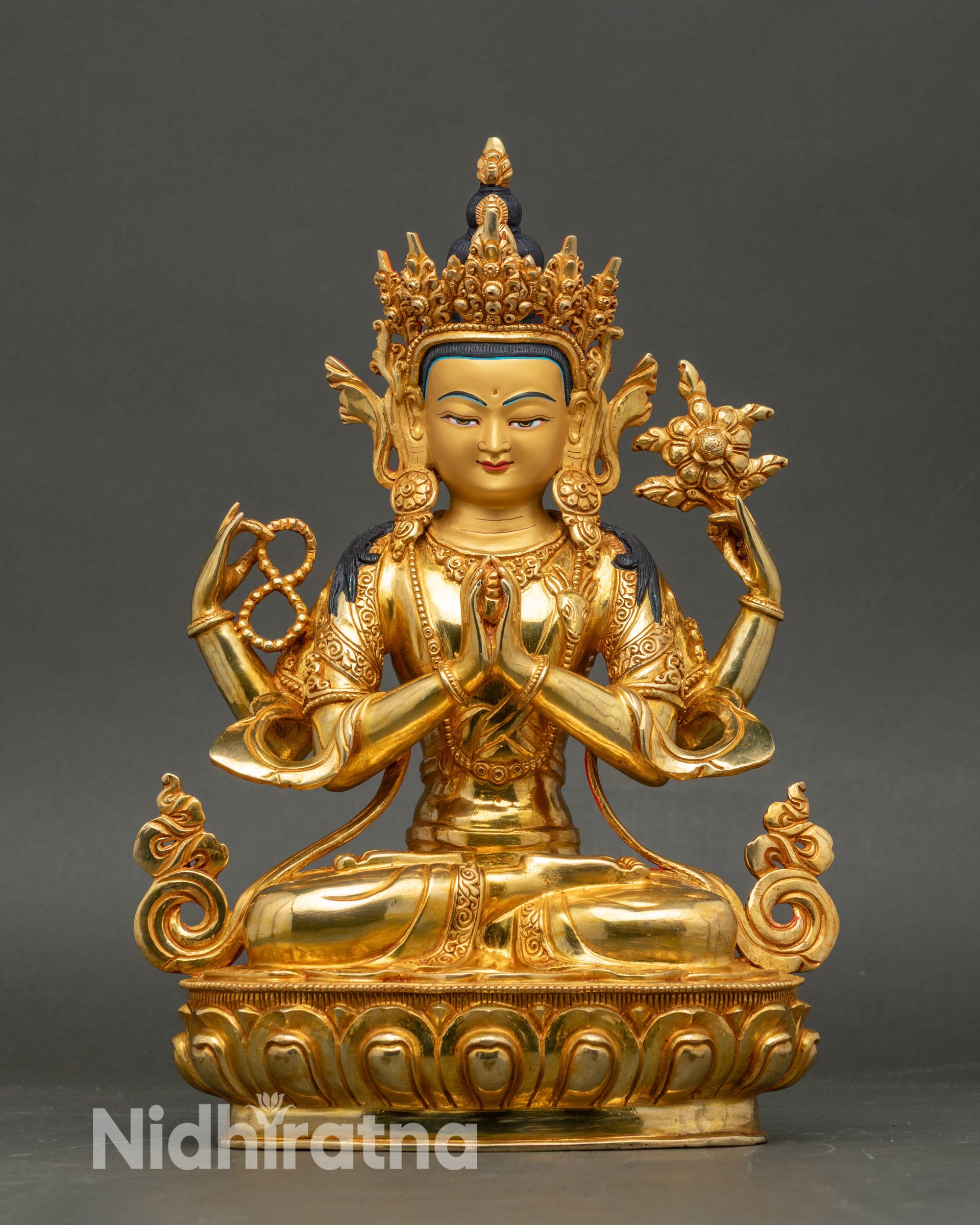 Chenrezig statue handcrafted in Patan Nepal, copper sculpture with 24K gold fire-gilding