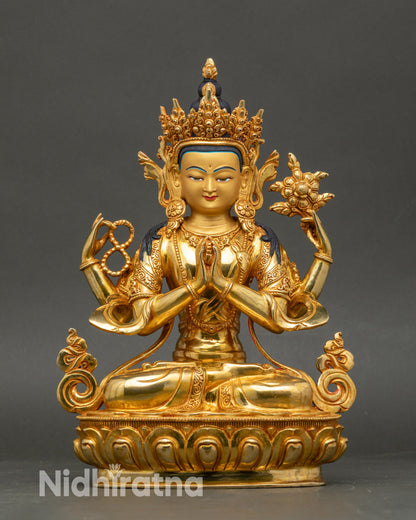 Chenrezig statue handcrafted in Patan Nepal, copper sculpture with 24K gold fire-gilding
