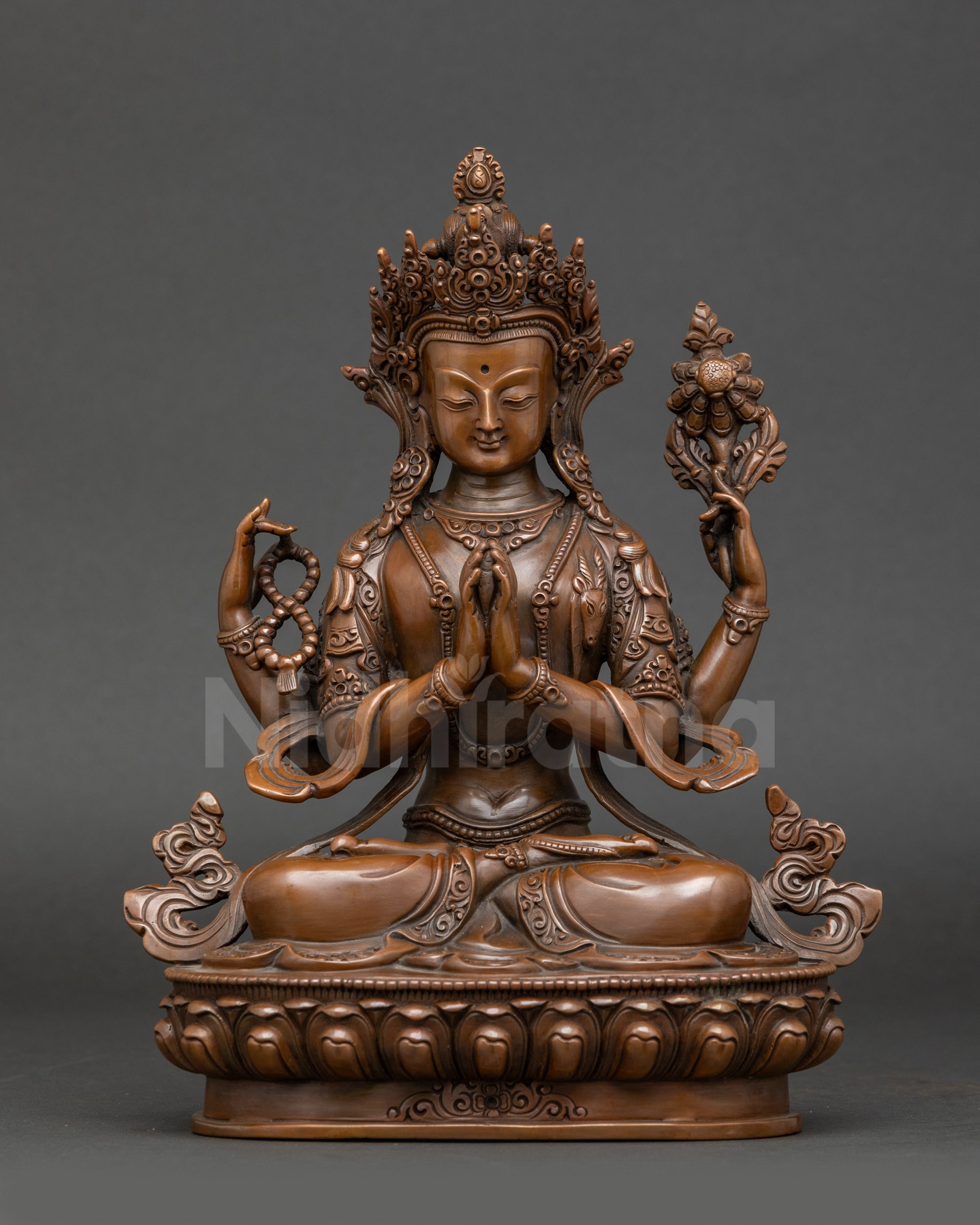 Chenrezig statue handmade in Nepal oxidized copper seated compassion deity