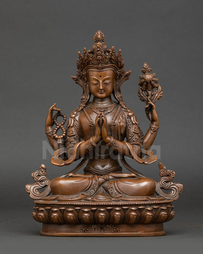 Chenrezig statue handmade in Nepal oxidized copper seated compassion deity
