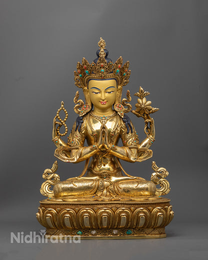 Handcrafted Chenrezig statue in 24K gold gilded copper | Tibetan Buddha of Compassion seated in serene meditation.
