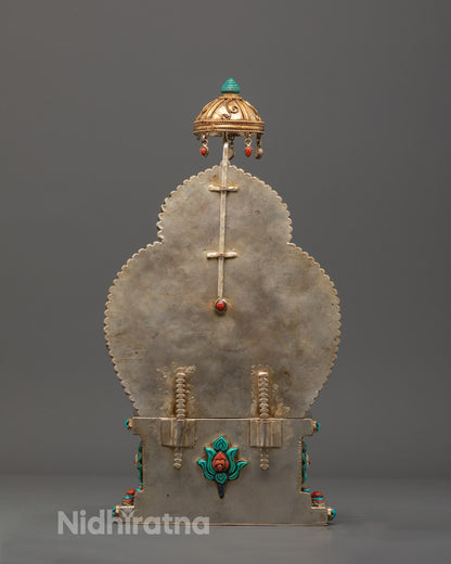 Chenrezig statue on intricate copper lotus throne with semi-precious stone decorations