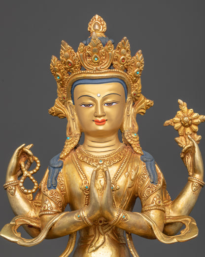 Chenrezig statue regular close up four armed Avalokiteshvara lotus throne Nepal
