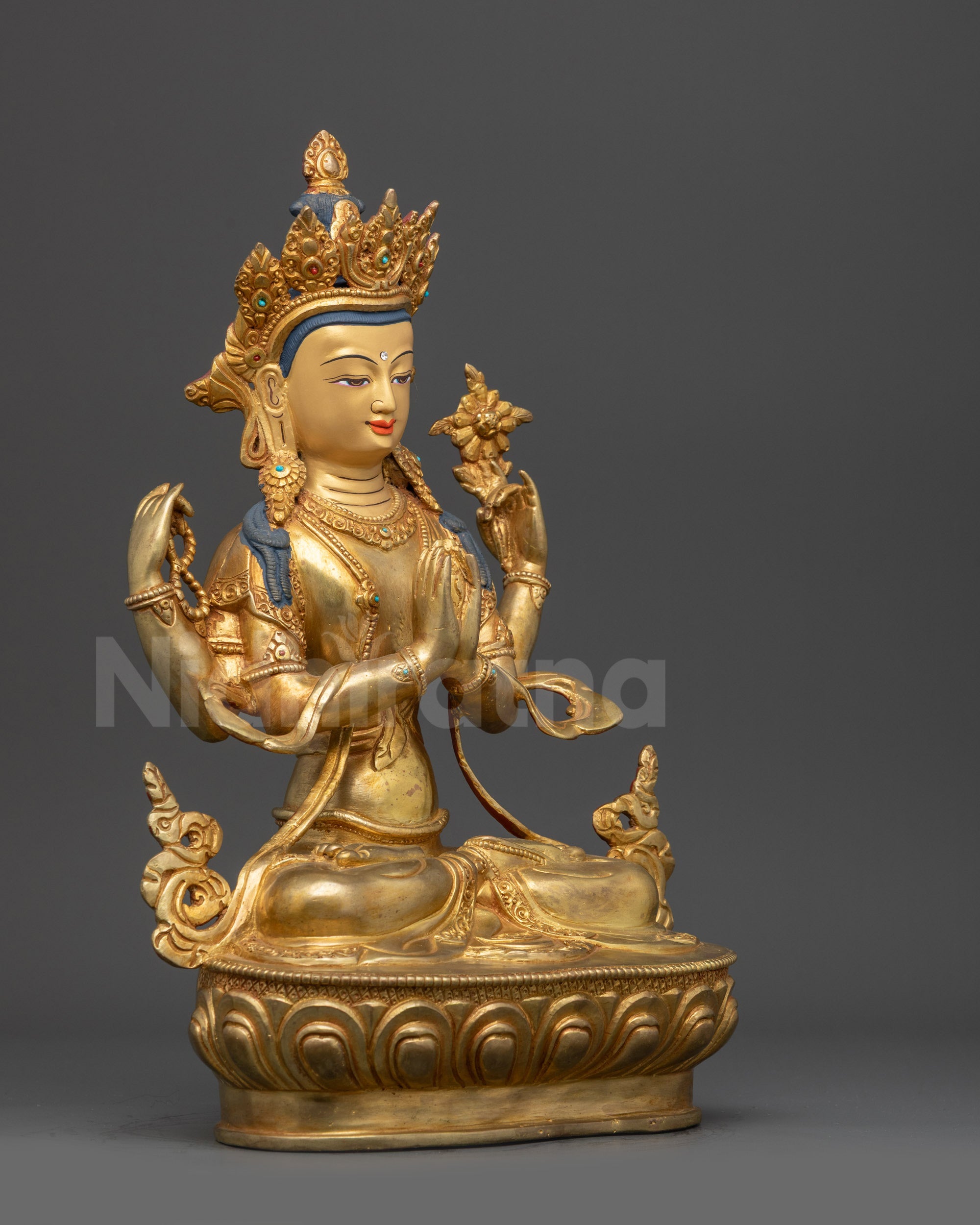 Chenrezig statue right view side four armed Avalokiteshvara crystal mala lotus
